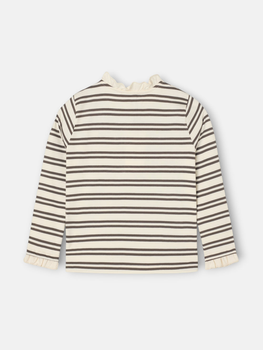 Camiseta girl cuello volante rayas camel y crudo