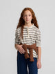 Girl's t-shirt with ruffled collar, camel and ecru stripes