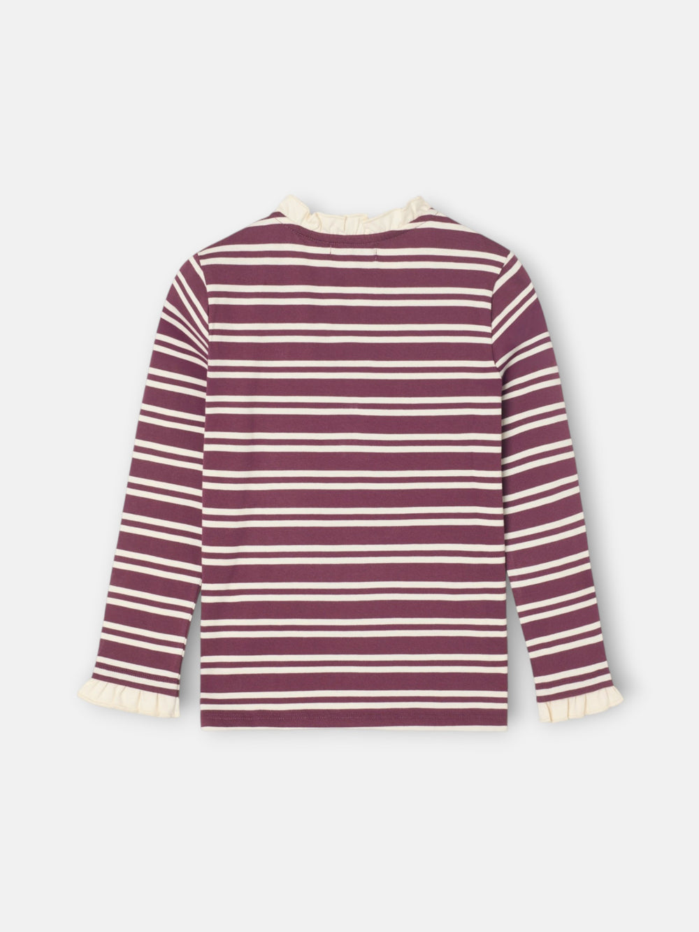 Camiseta girl cuello volante rayas granate y crudo