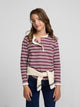 T-shirt fille col volant rayé bordeaux et écru