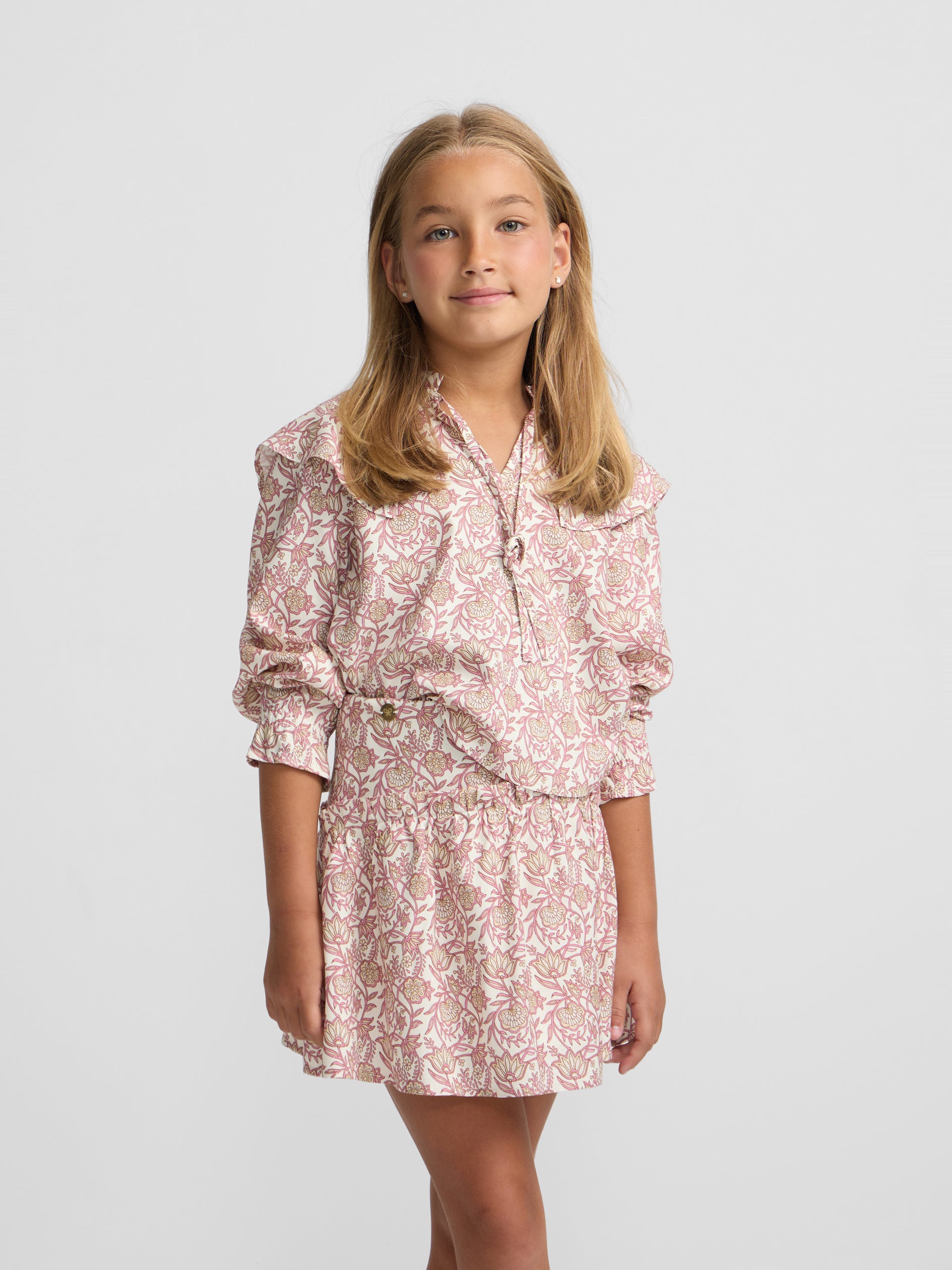 Blouse fille imprimé fleurs rose et blanc