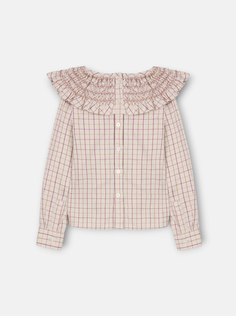 Blusa menina gola folho xadrez bege