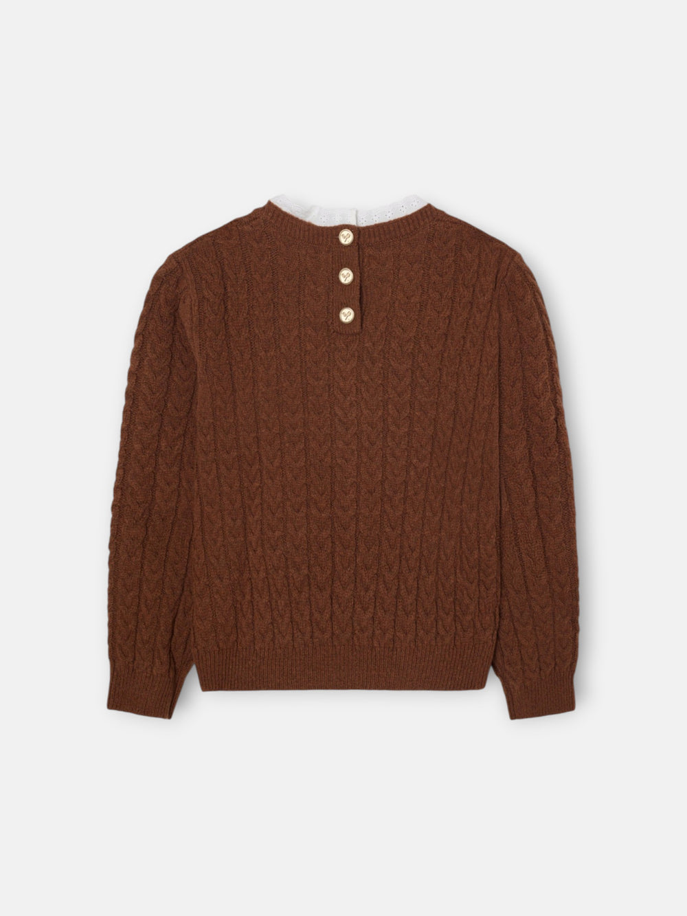 Camisola de menina com tranças e gola volante castanha