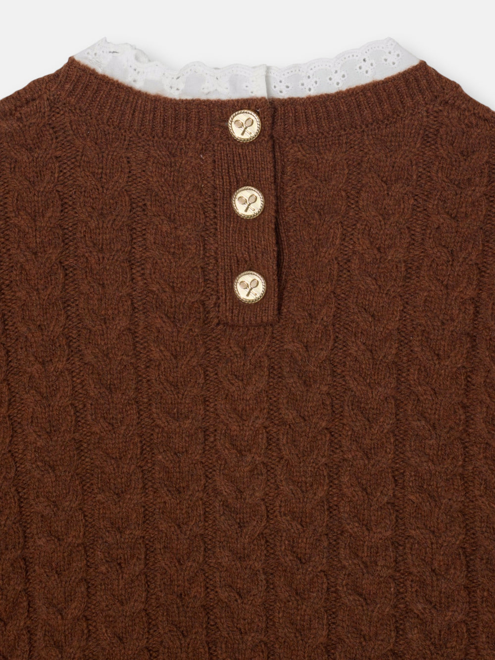 Camisola de menina com tranças e gola volante castanha