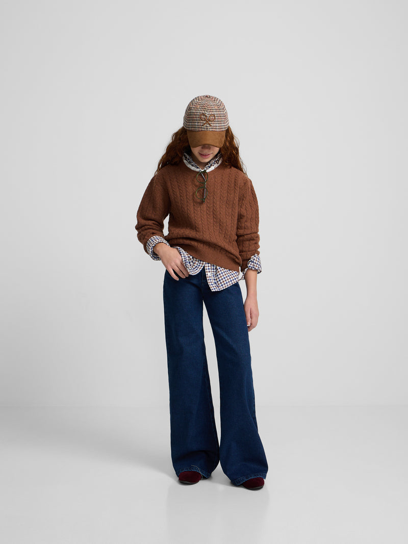 Brown cable knit girl's sweater with ruffled collar