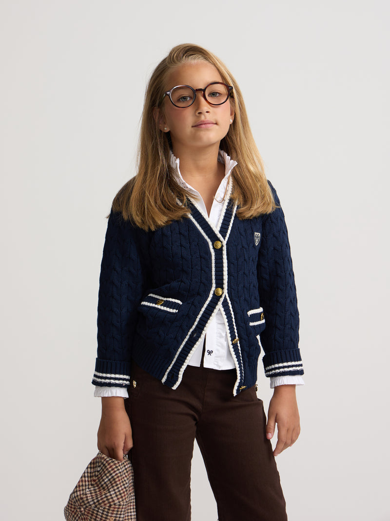 Navy blue college crest girl cardigan