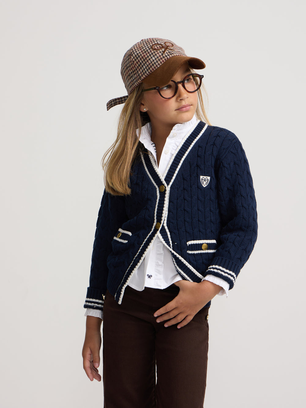 Cardigan menina college emblema azul-marinho