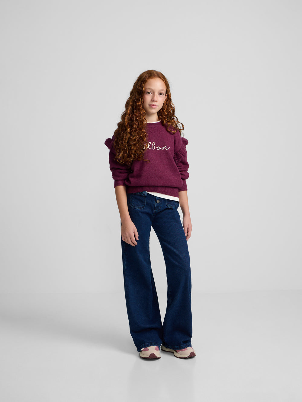 Girl's trousers with braided pocket in dark denim
