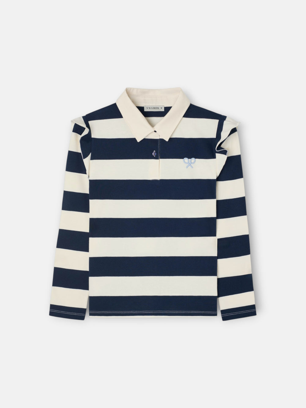 Polo fille à manches longues rayé bleu marine et écru