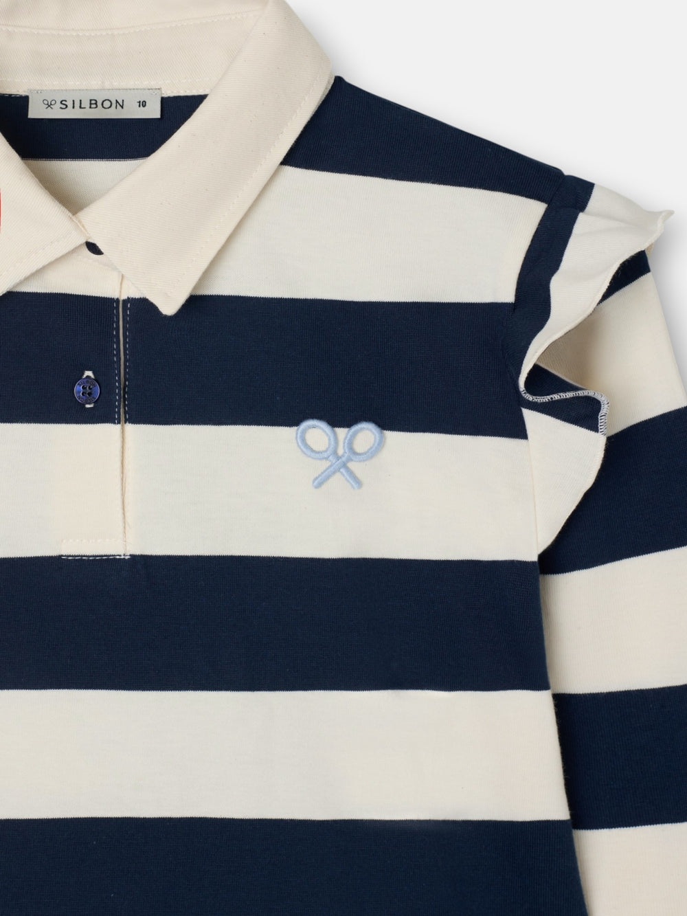 Polo fille à manches longues rayé bleu marine et écru