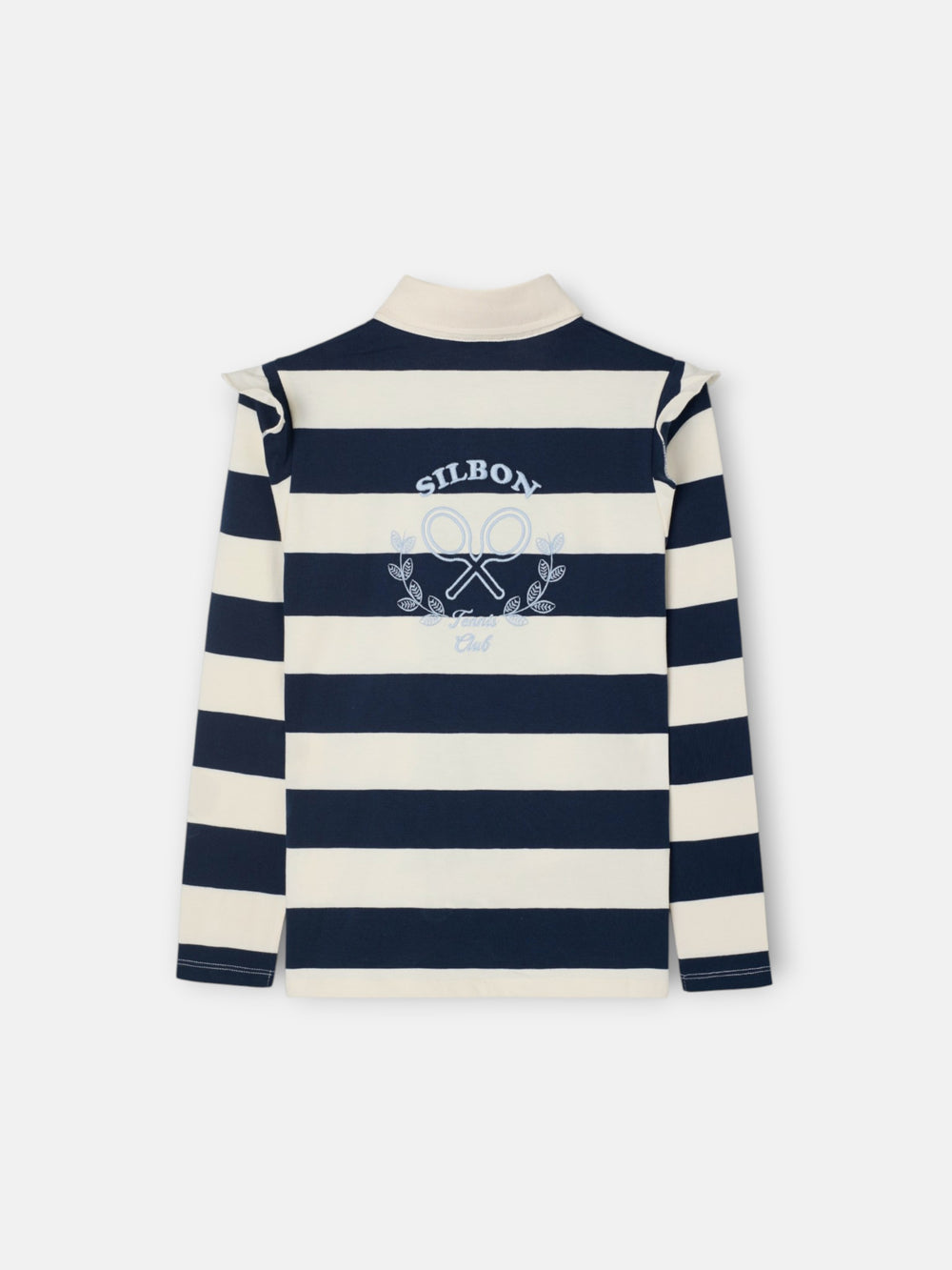 Polo fille à manches longues rayé bleu marine et écru