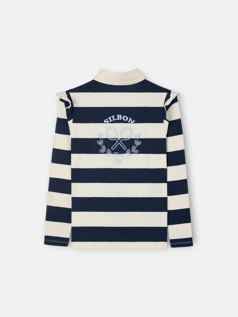 Polo fille à manches longues rayé bleu marine et écru