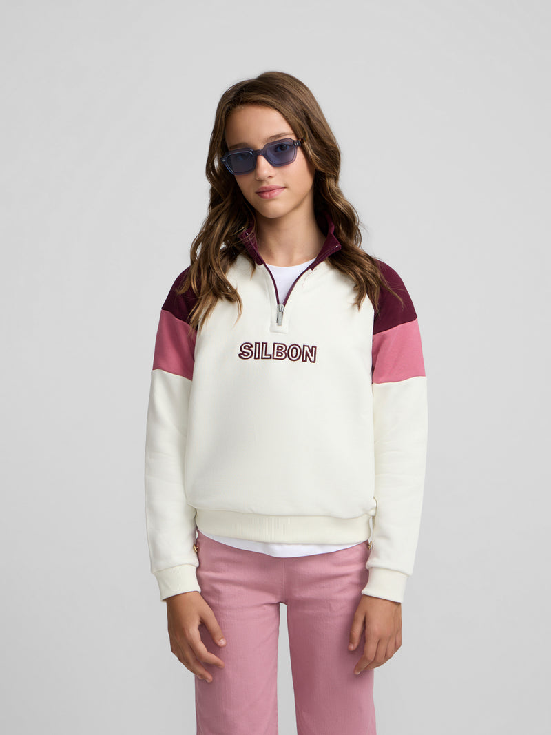 Sudadera girl cuello alto tricolor rosa y crudo