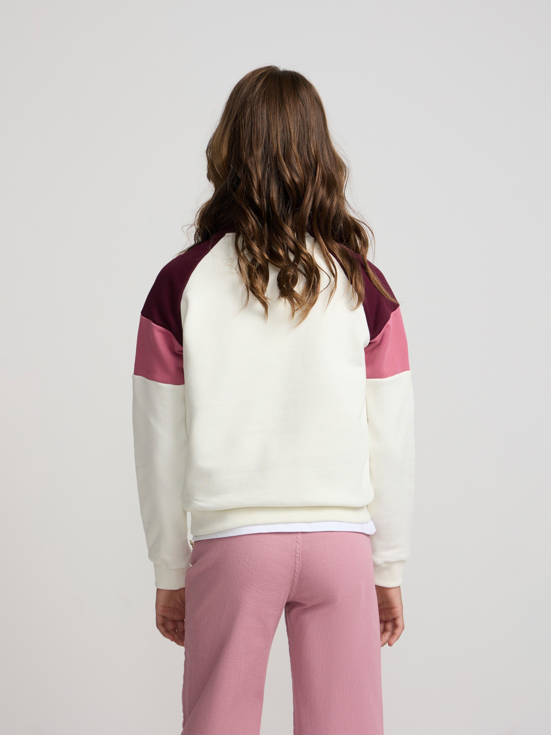 Girl's tricolor high-neck sweatshirt in pink and off-white