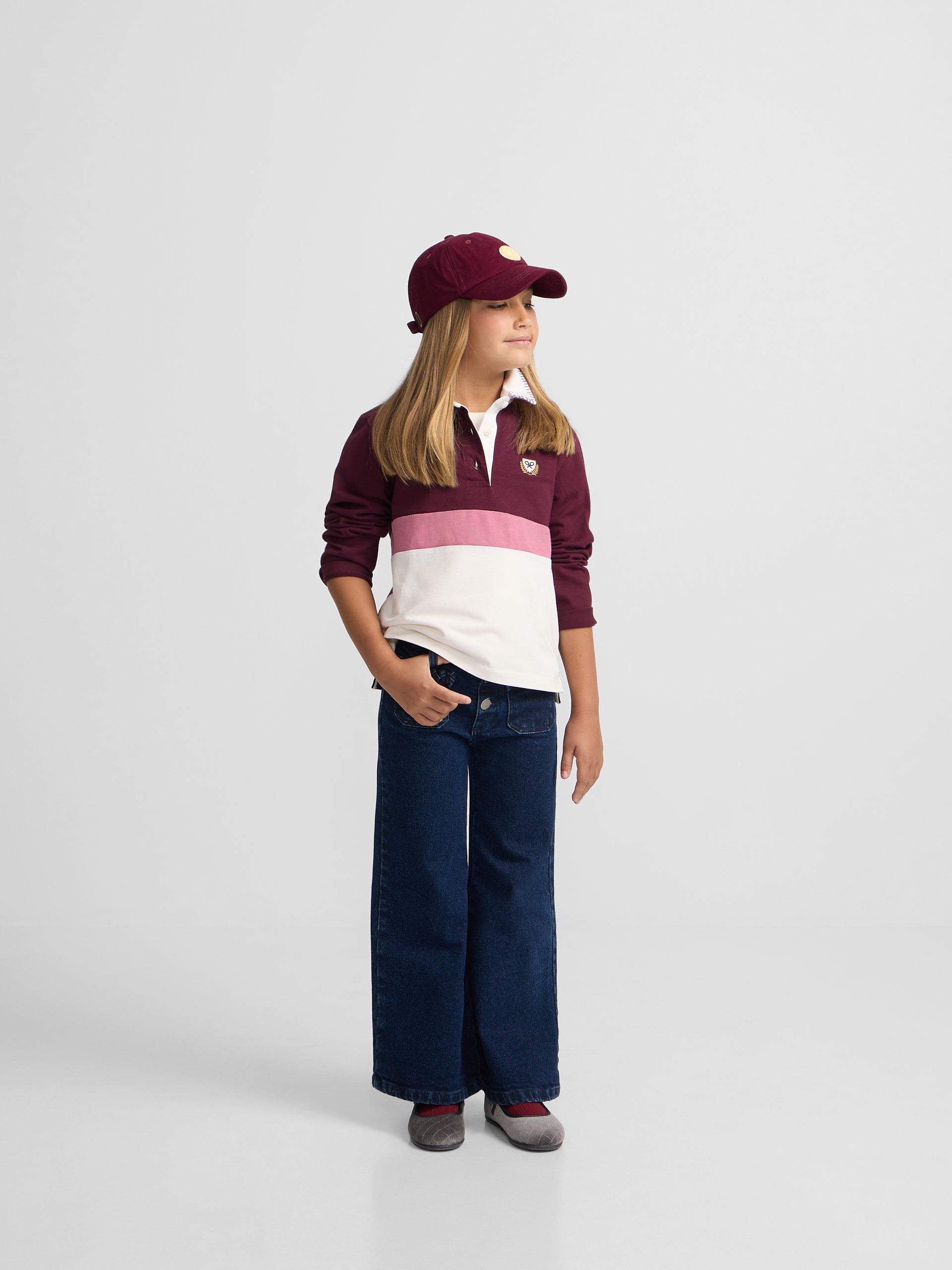 Polo girl manga larga tricolor rosa y crudo