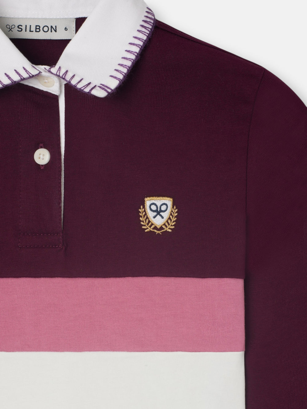 Polo fille à manches longues tricolore rose et écru