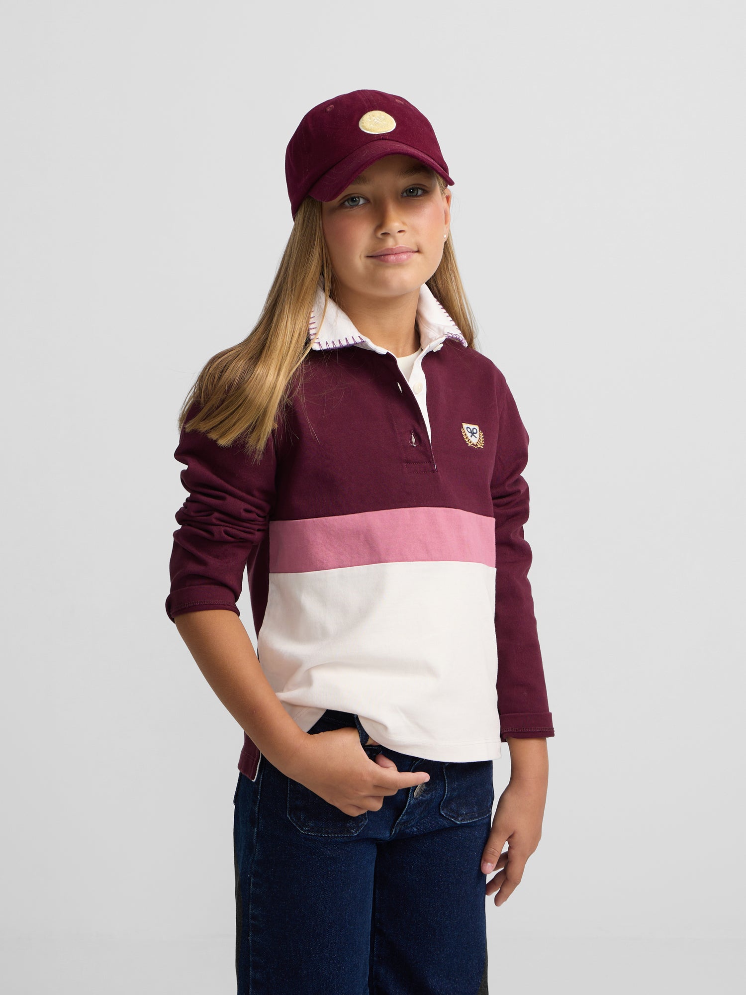 Polo girl manga larga tricolor rosa y crudo
