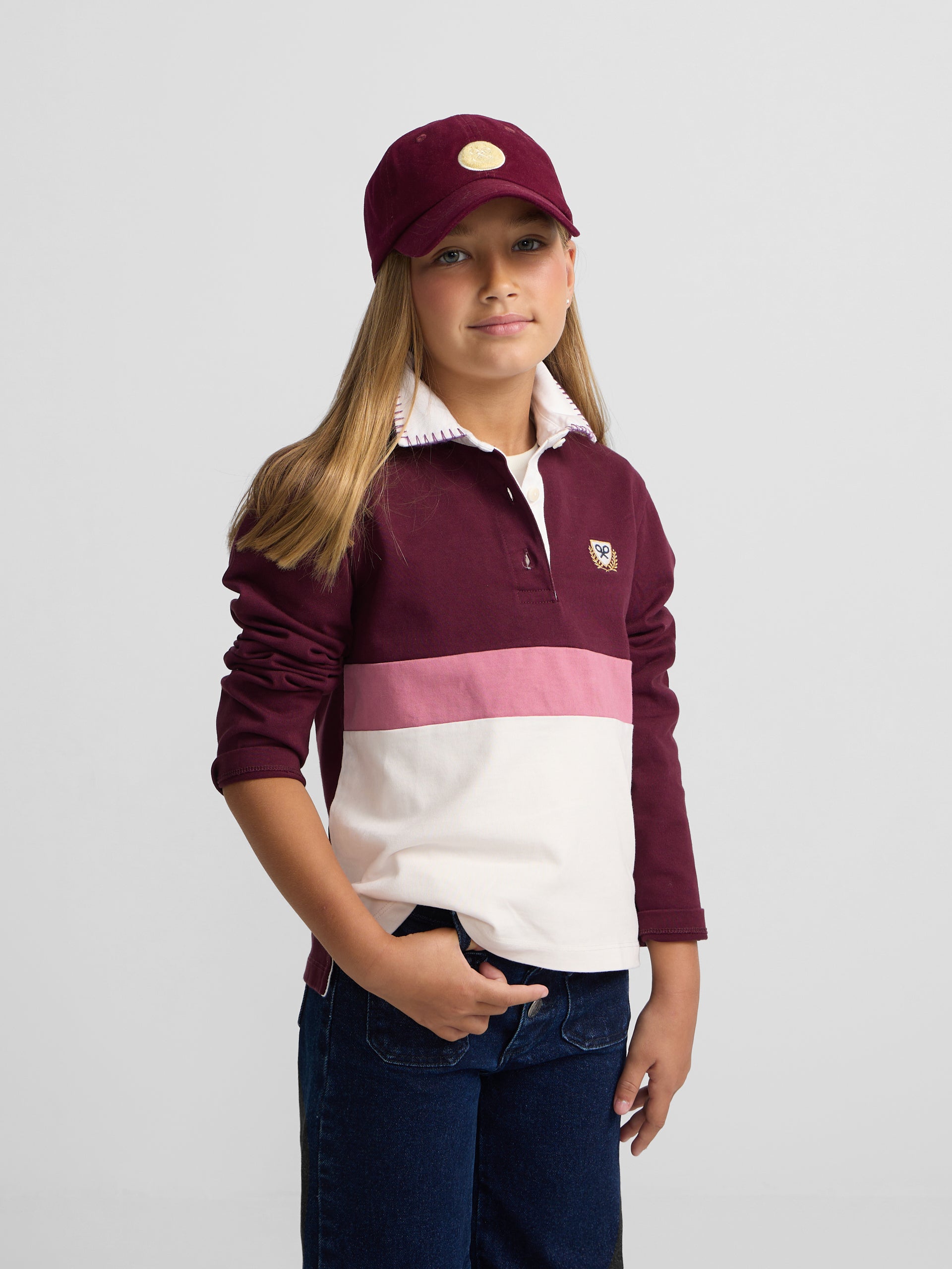 Polo girl manga larga tricolor rosa y crudo