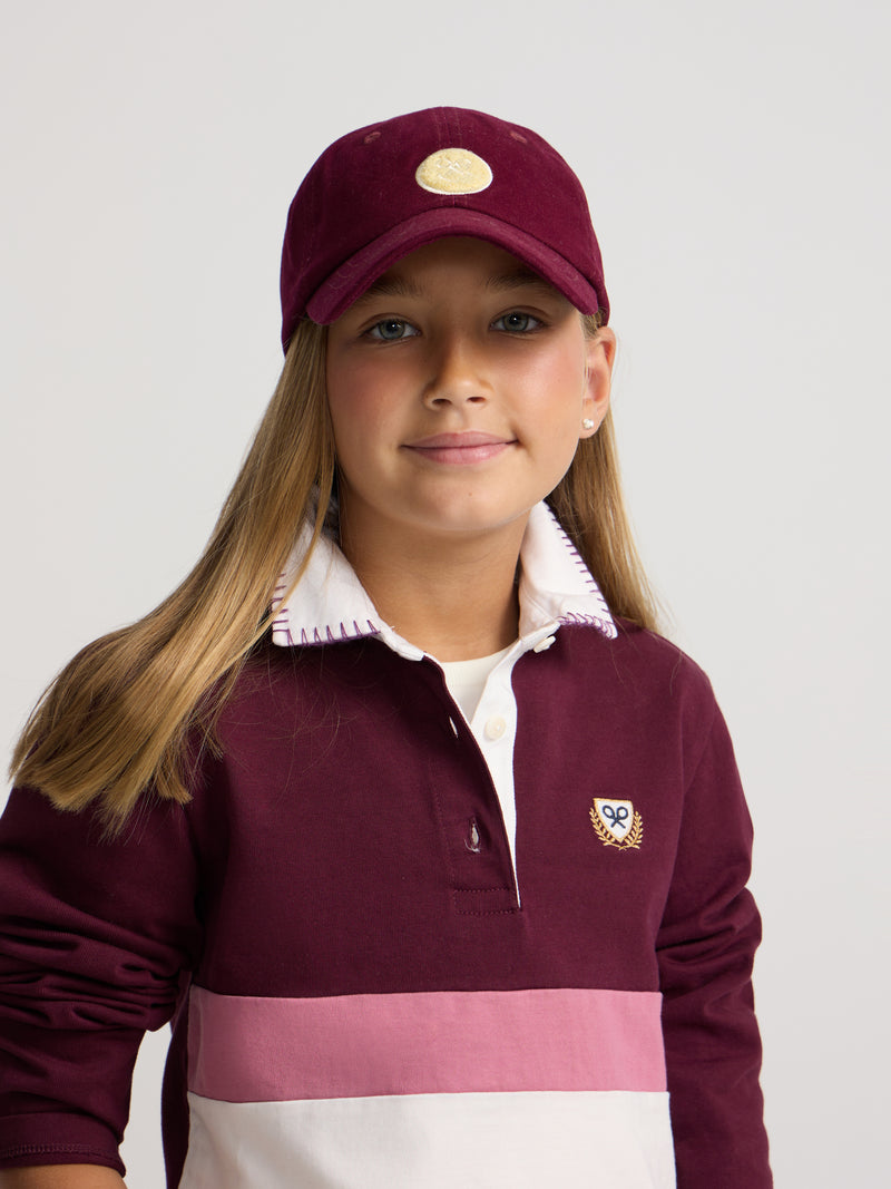 Polo fille à manches longues tricolore rose et écru