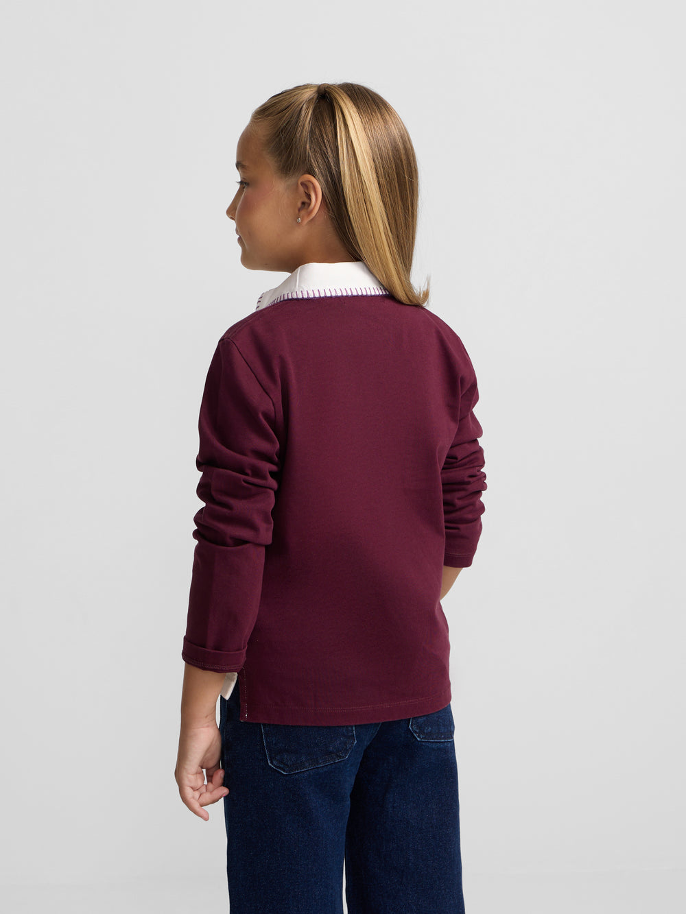 Polo fille à manches longues tricolore rose et écru