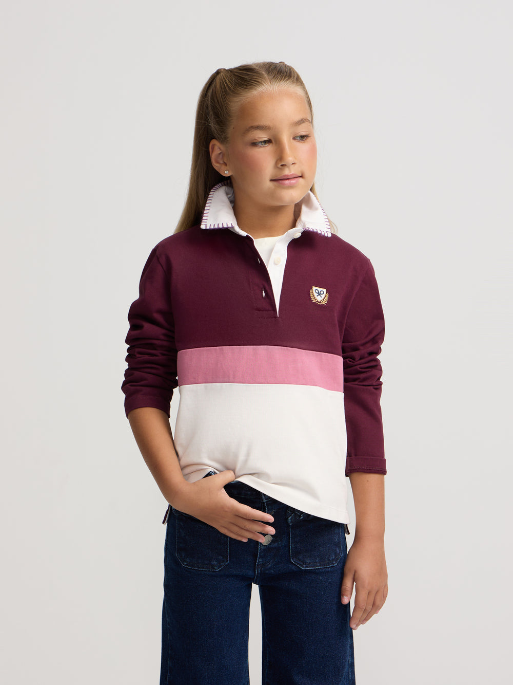 Polo fille à manches longues tricolore rose et écru