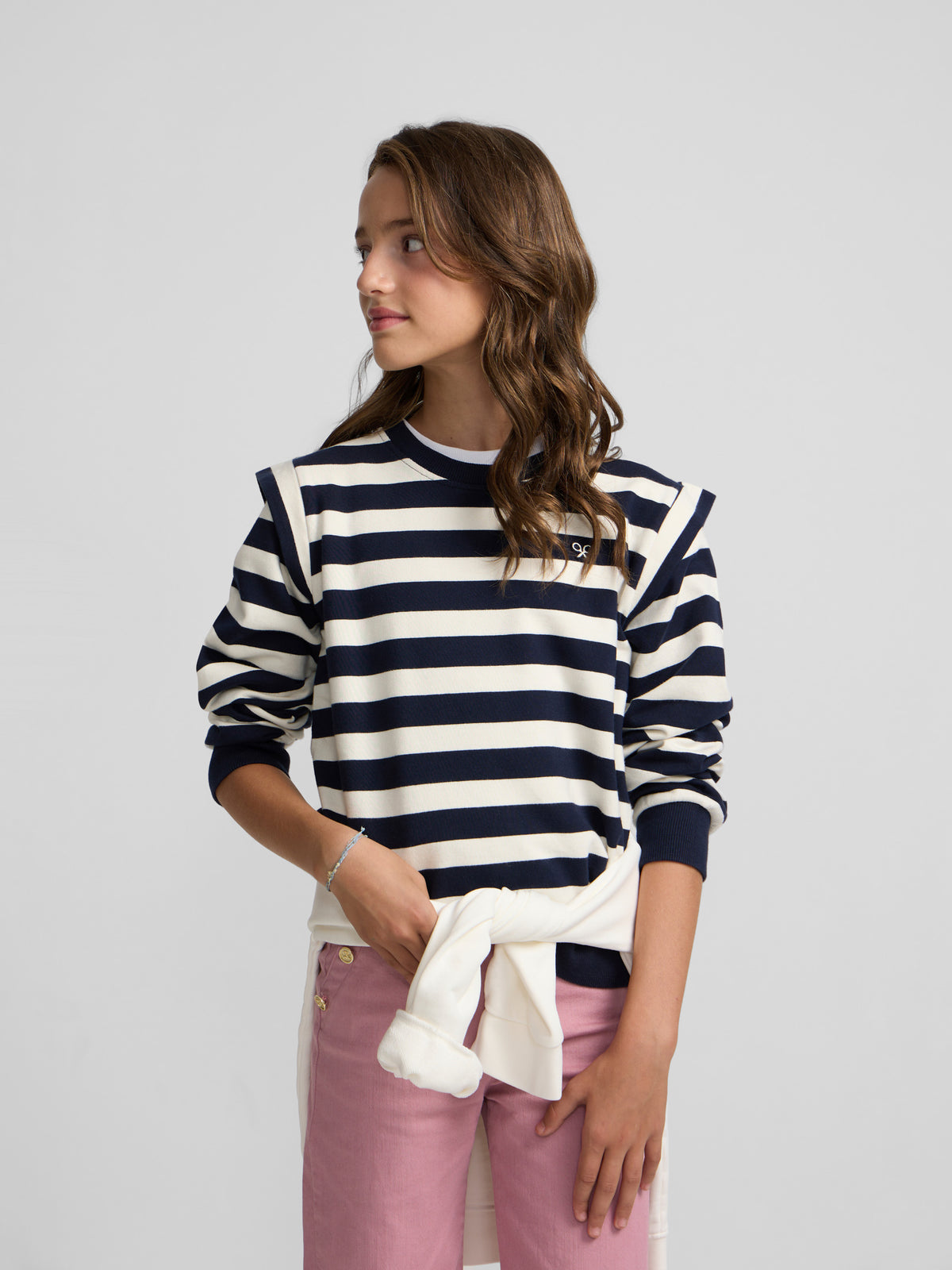 Sweat-shirt fille à épaulettes rayé marine et écru