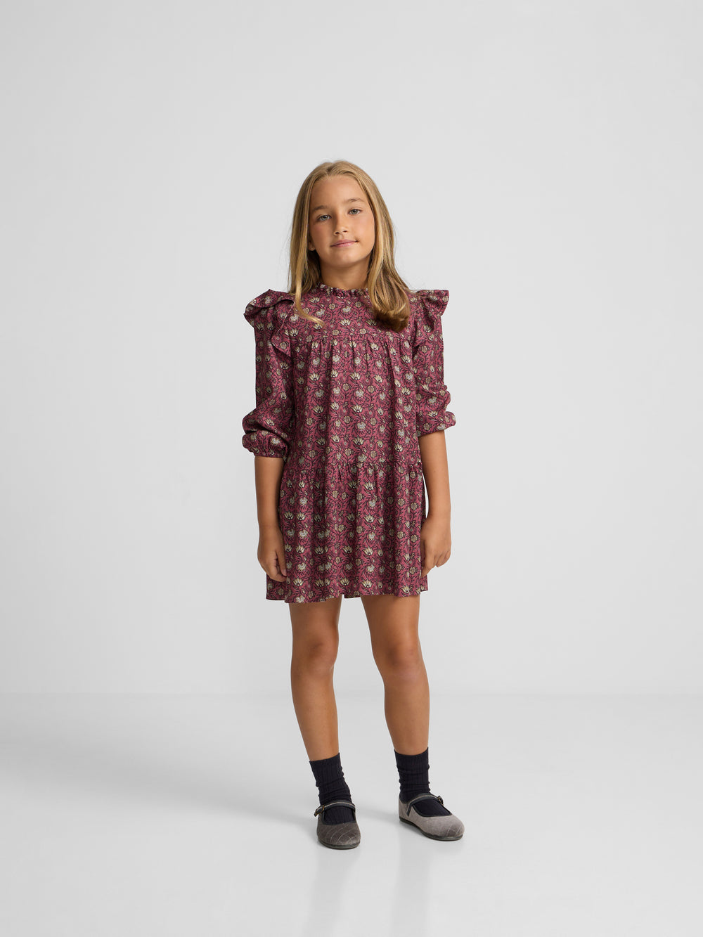 Burgundy printed ruffle girl dress