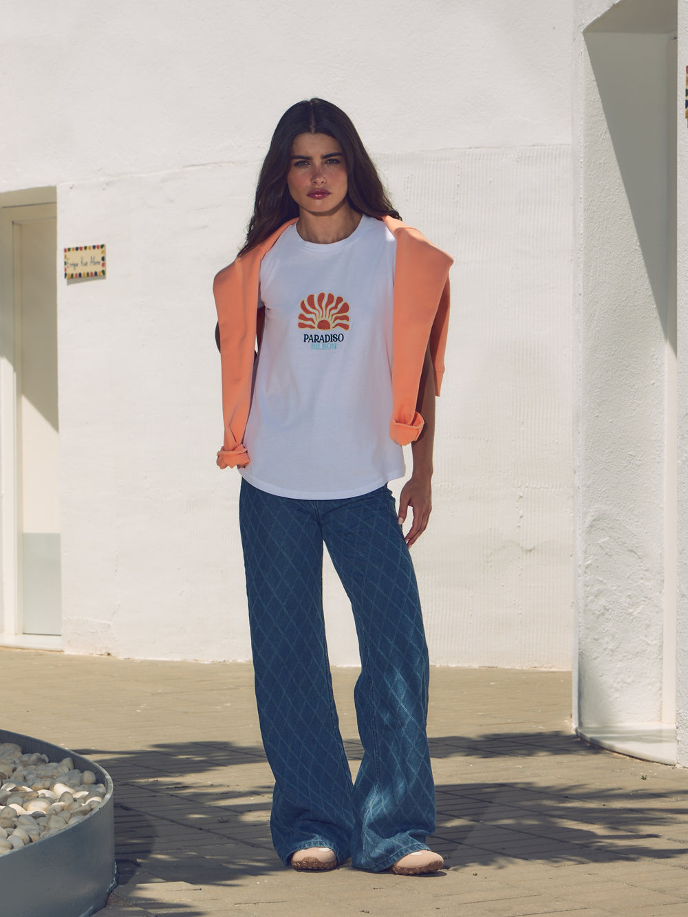 Pantalon en denim imprimé losanges bleu
