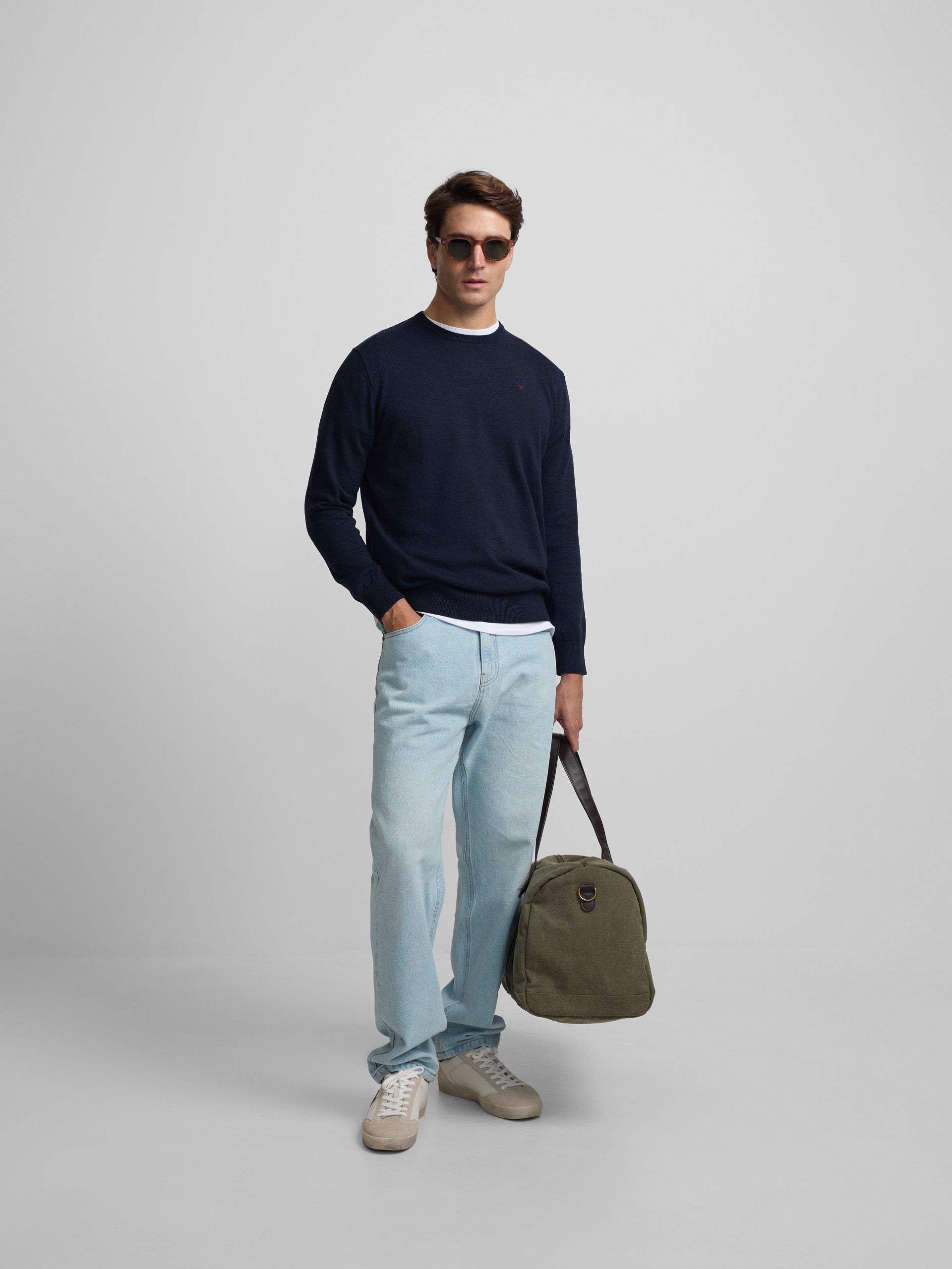 Plain navy blue crew neck sweater