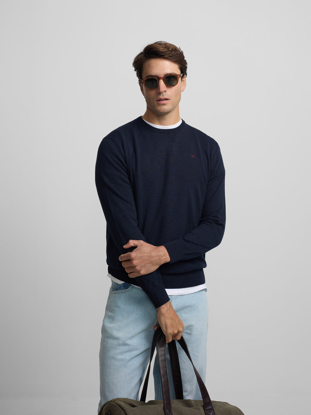 Plain navy blue crew neck sweater