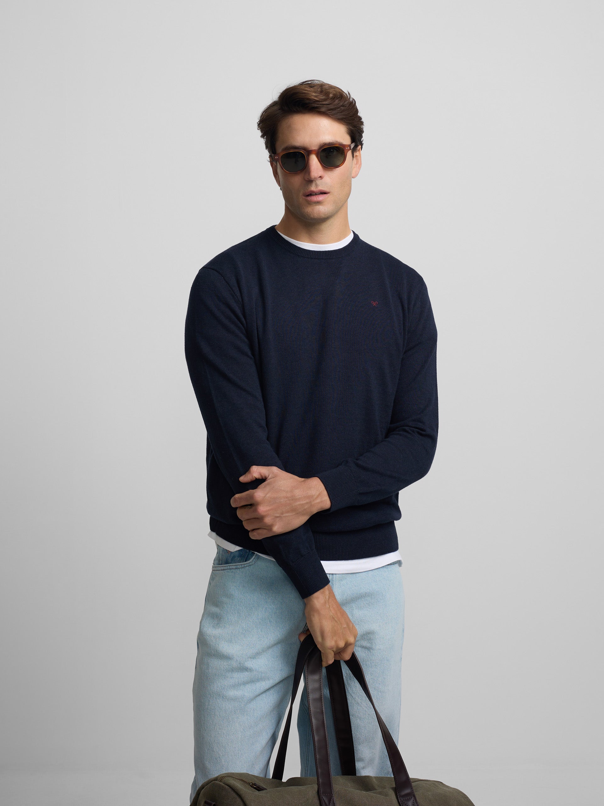 Plain navy blue crew neck sweater