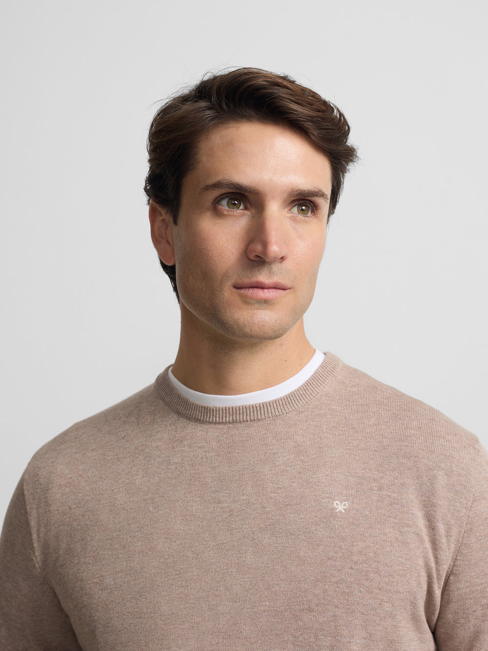 Plain sweater with crew neck in medium beige
