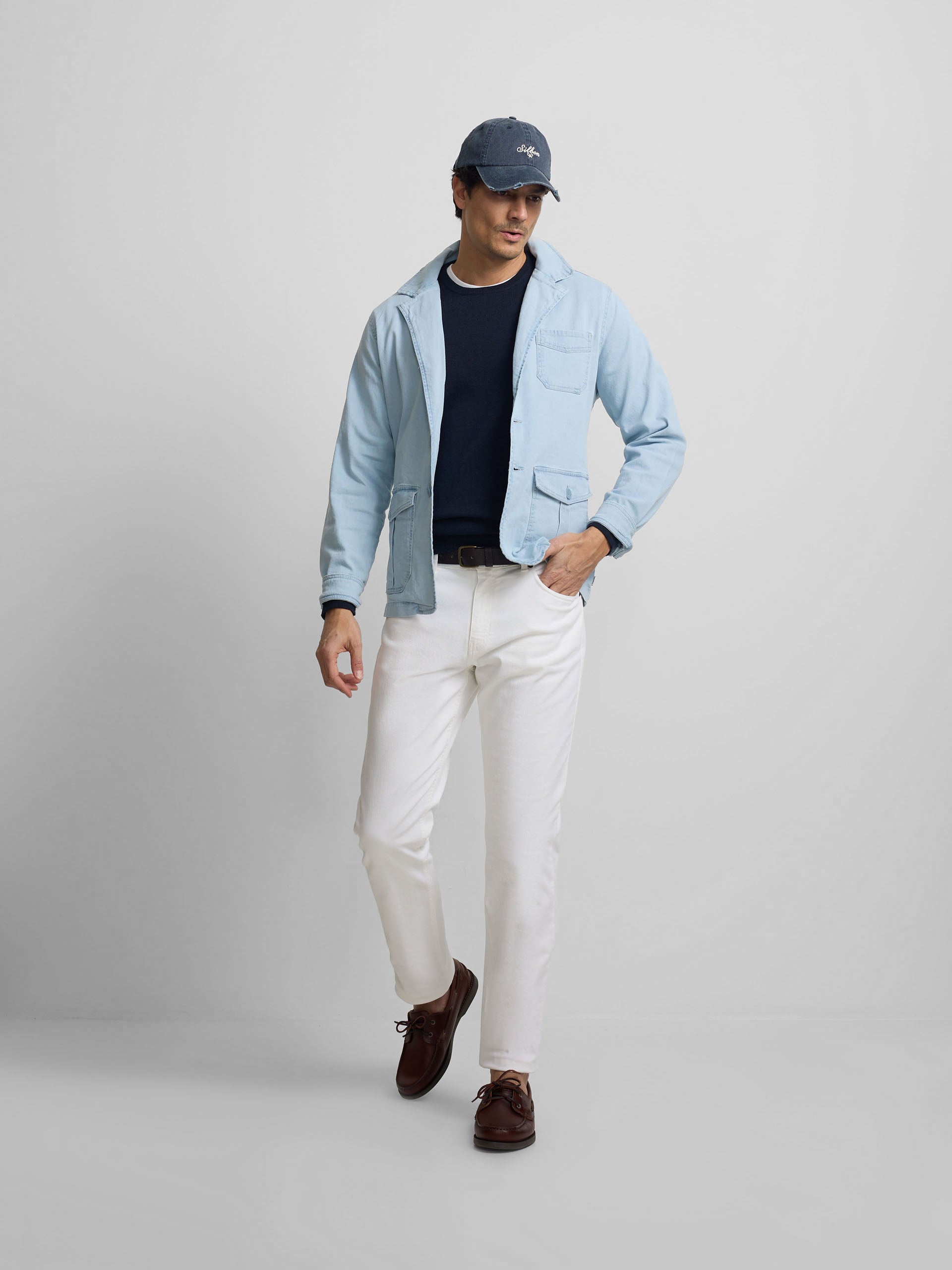 Light blue denim semi-blazer with pockets