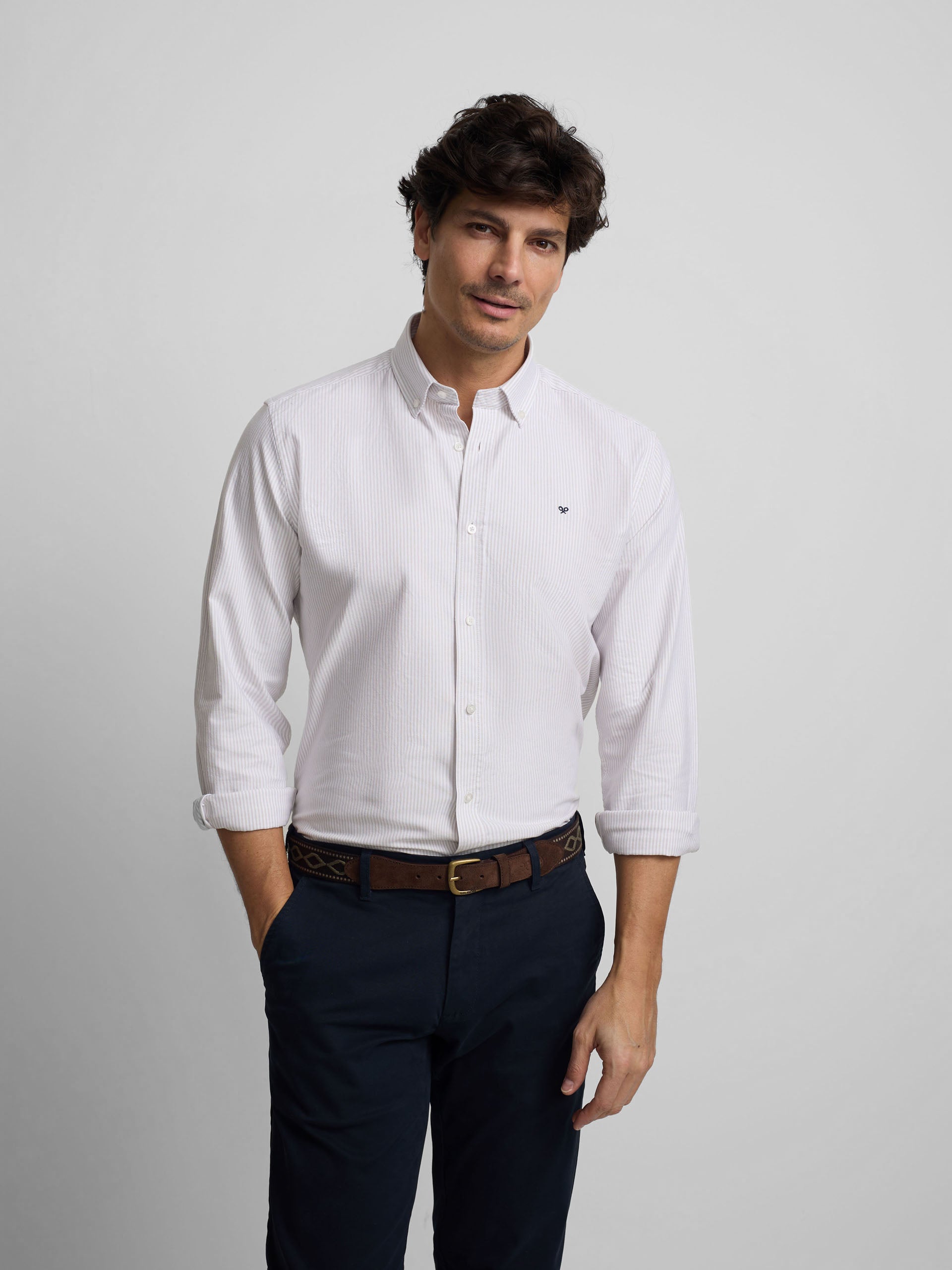 Chemise sport oxford à rayures beige
