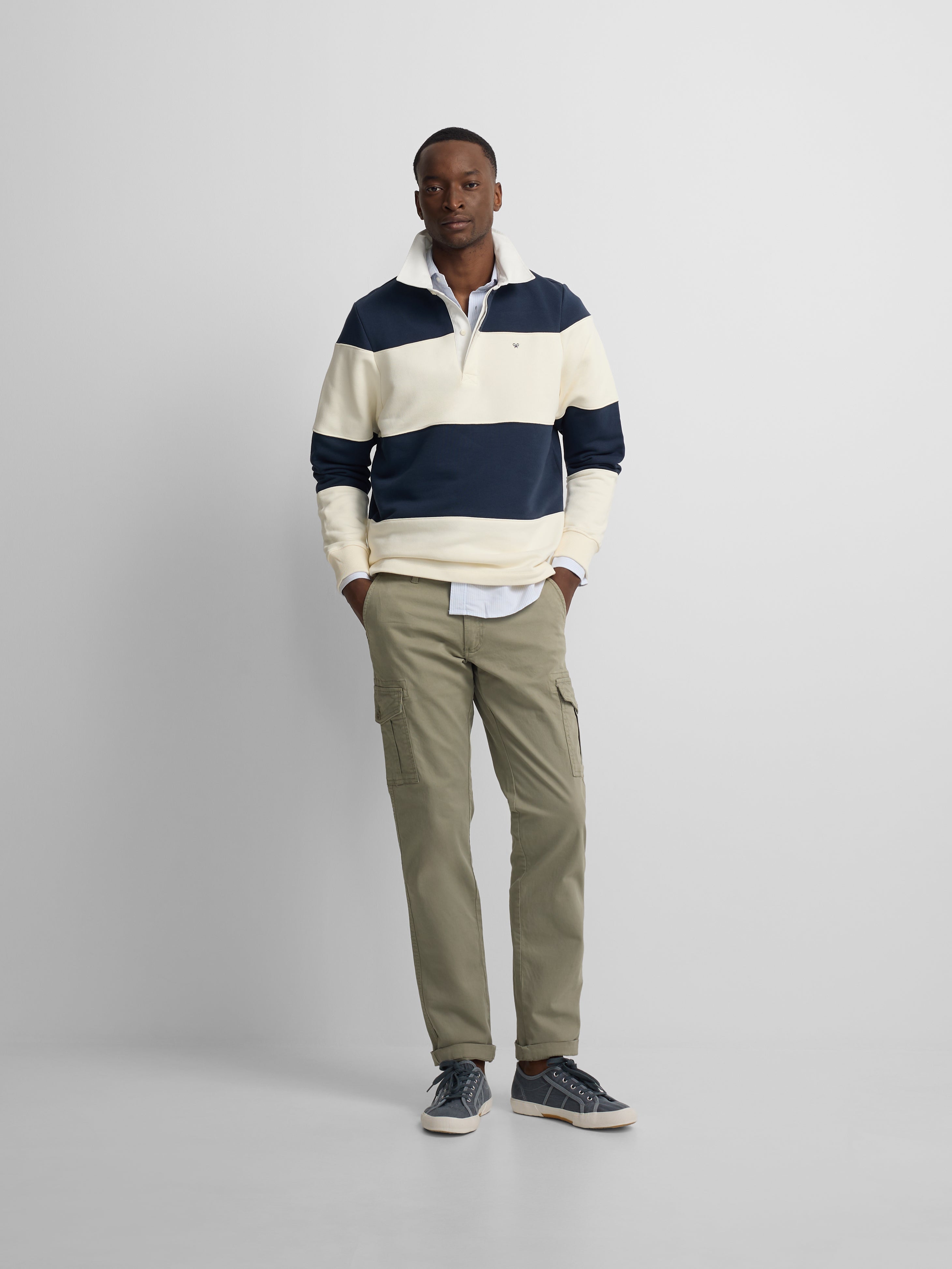 Navy blue wide stripe polo neck sweatshirt