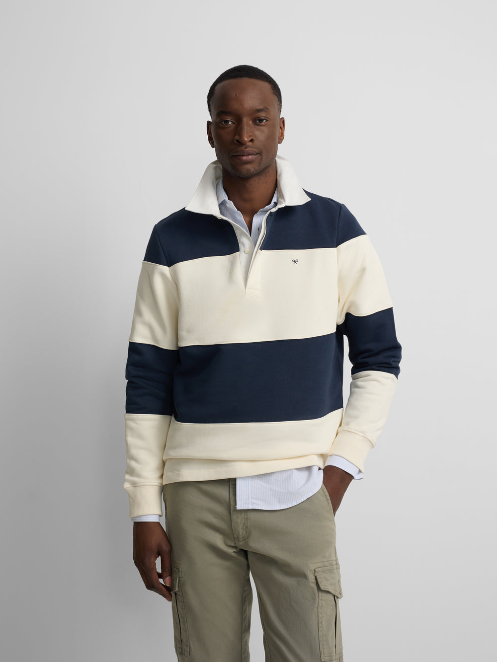 Navy blue wide stripe polo neck sweatshirt