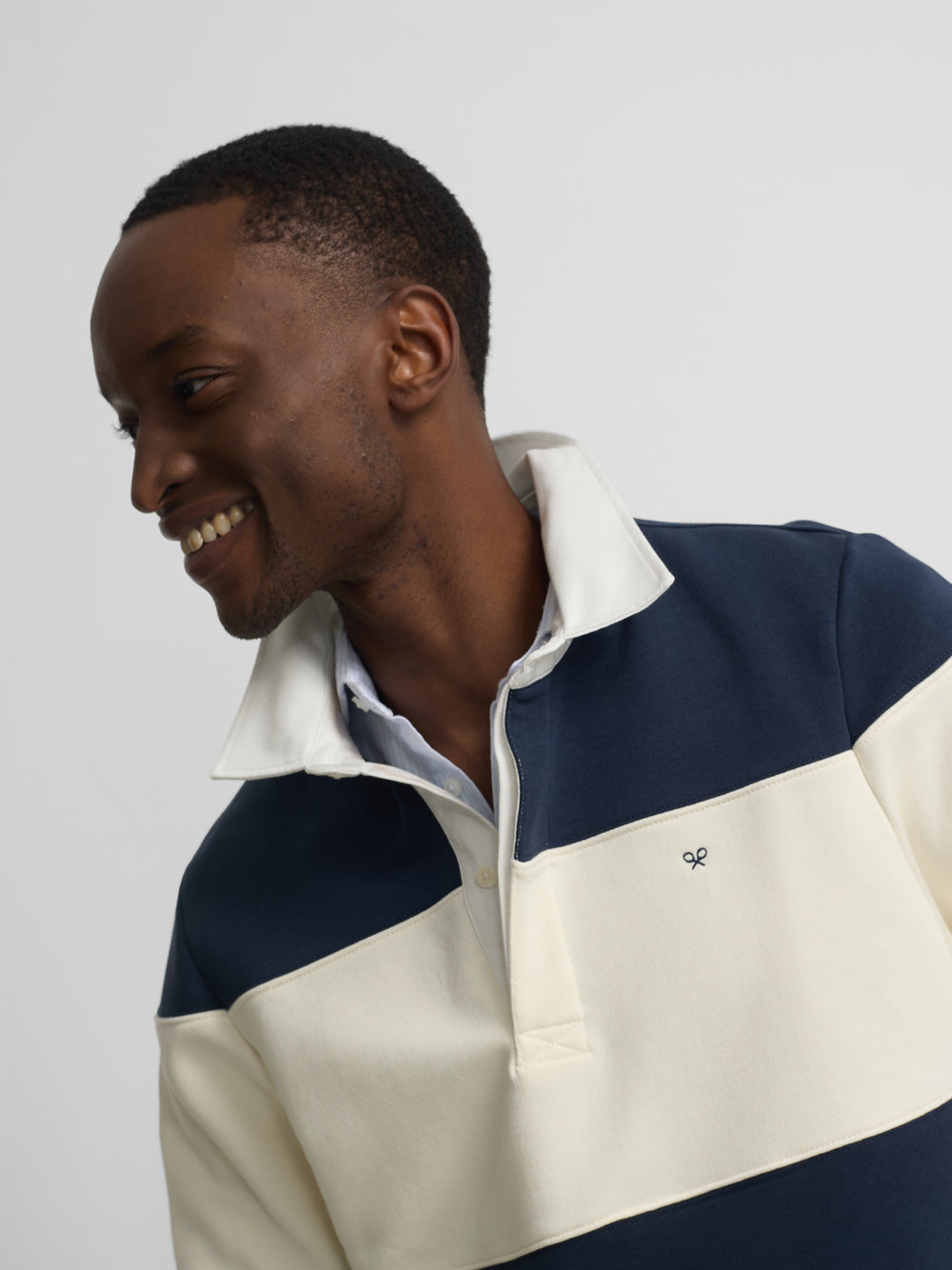 Navy blue wide stripe polo neck sweatshirt