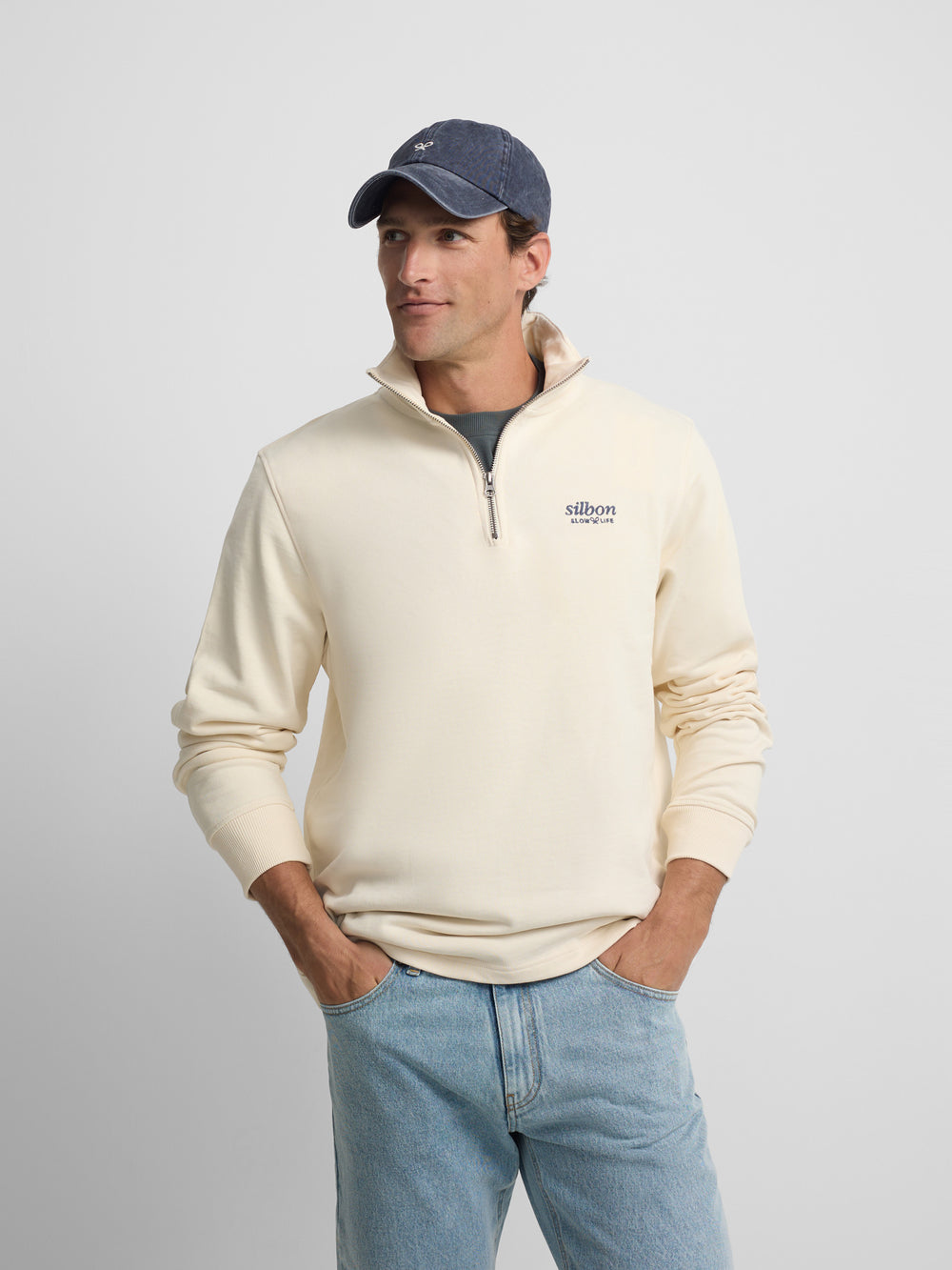 Sudadera media cremallera slow life crema