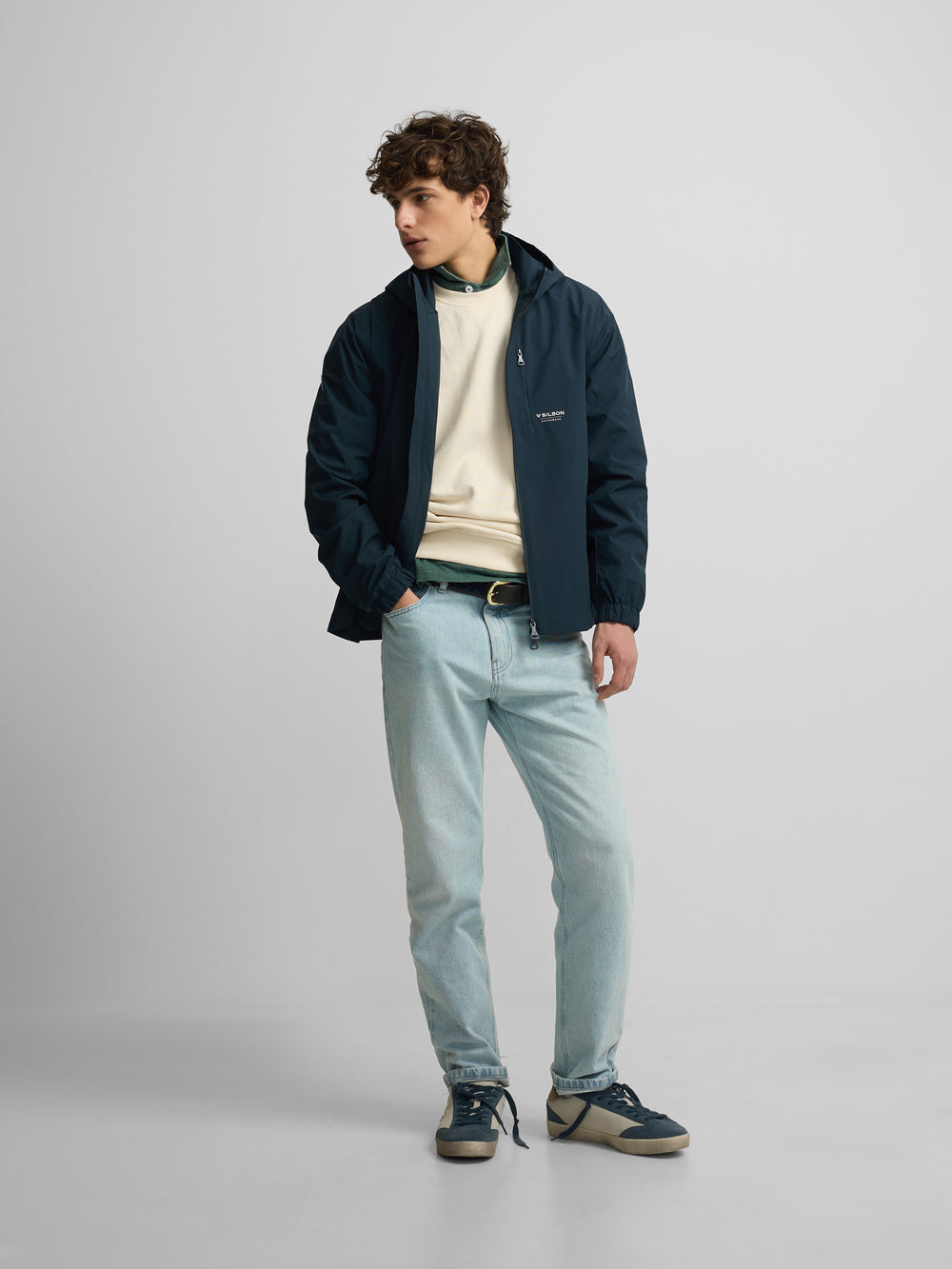 Technical windbreaker with navy blue hood