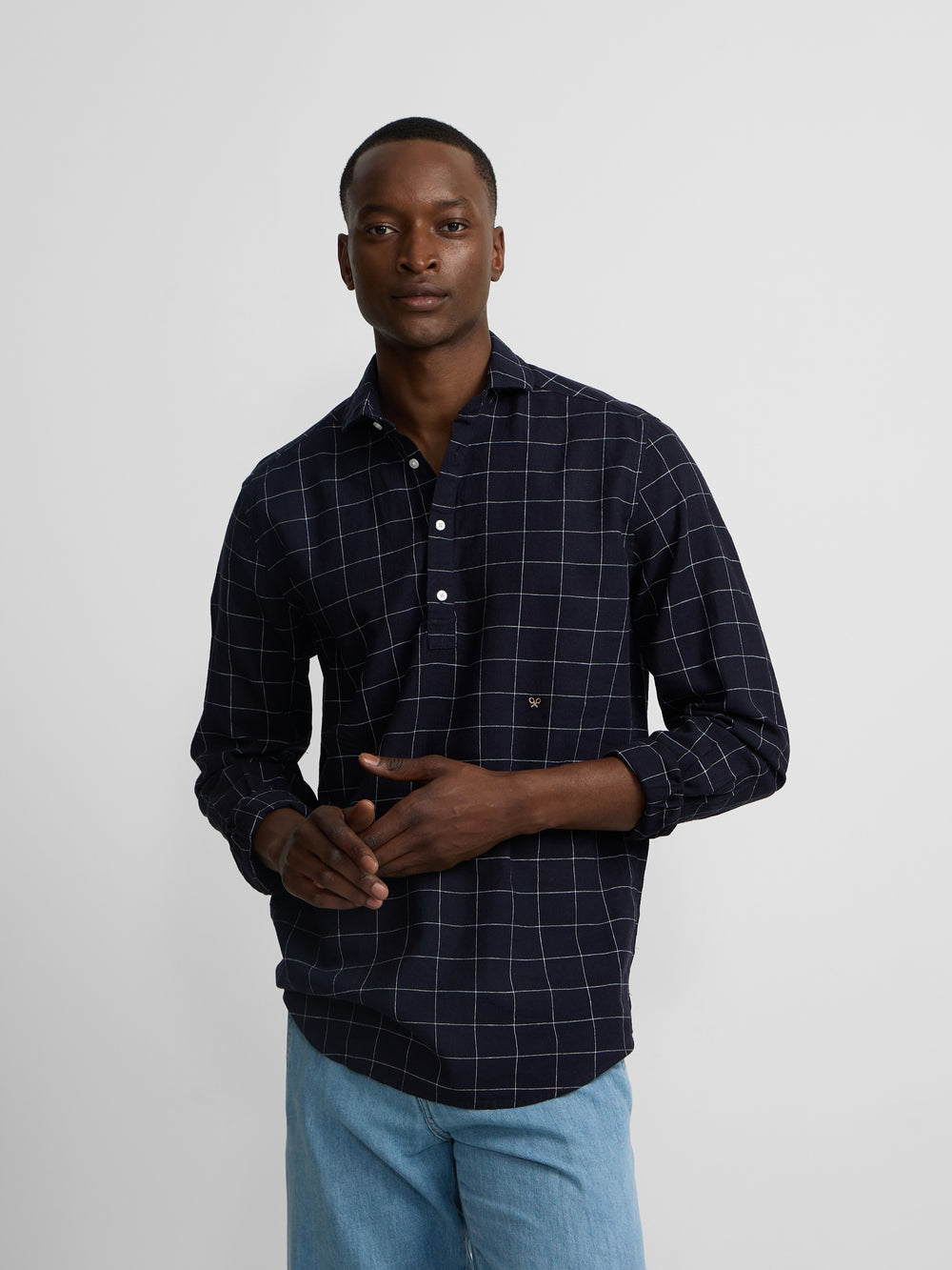 Camisa desportiva de linho aos quadrados azul-marinho