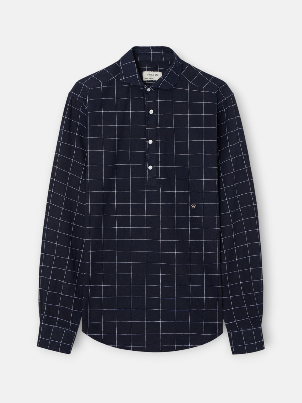 Camisa desportiva de linho aos quadrados azul-marinho