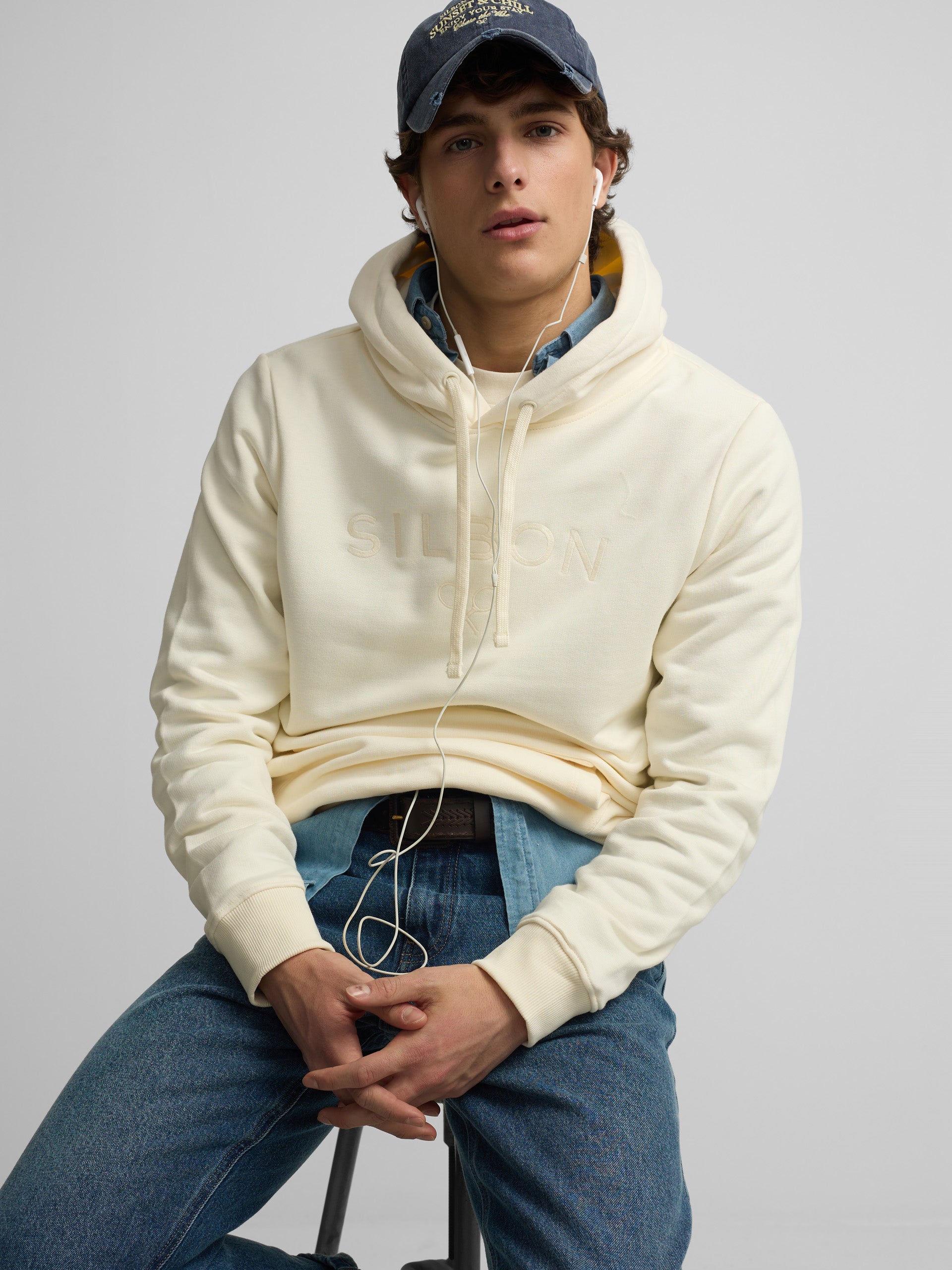 Sudadera capucha Silbon raqueta media crema