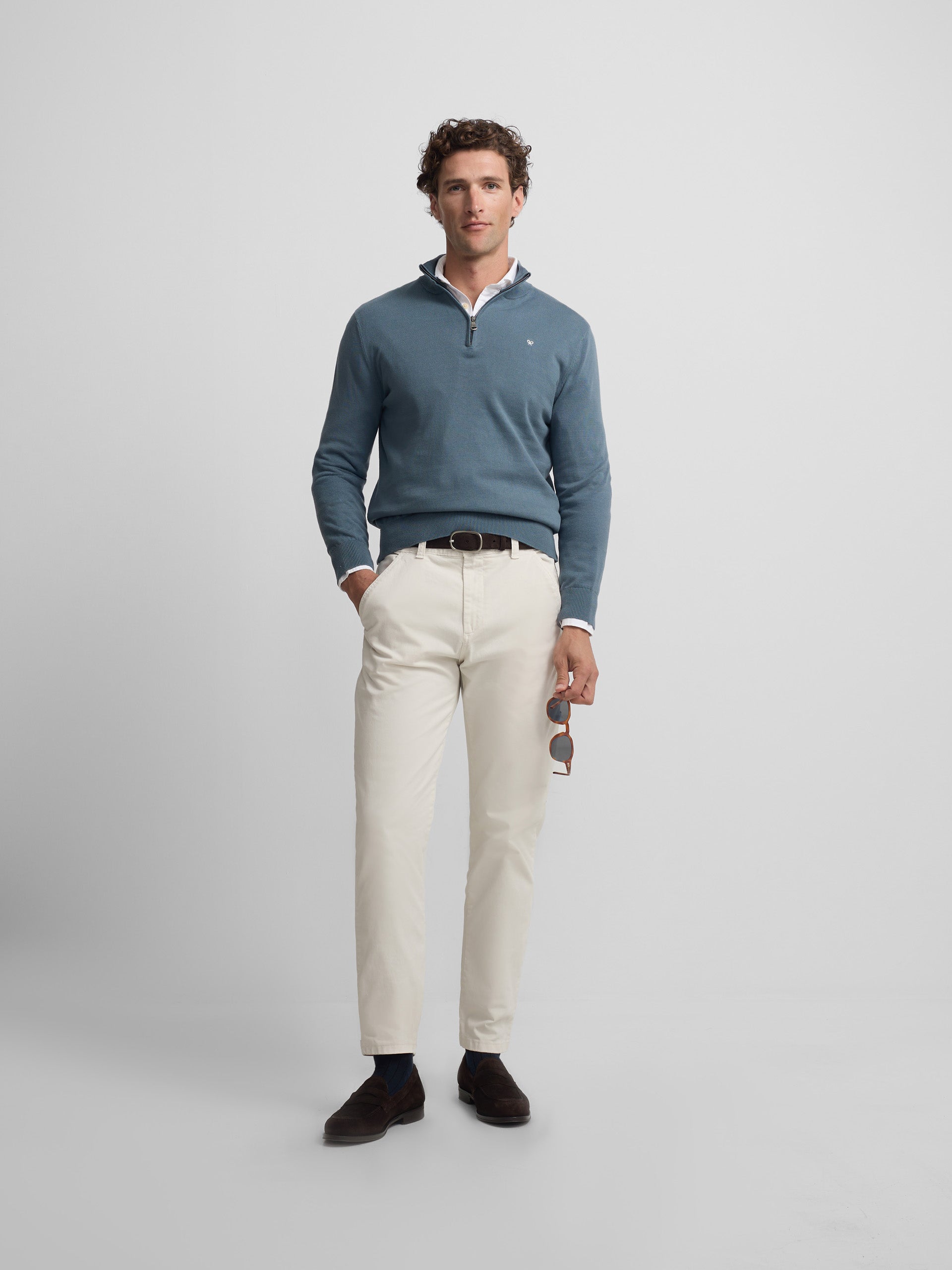 Plain sweater with half zipper in petroleum blue