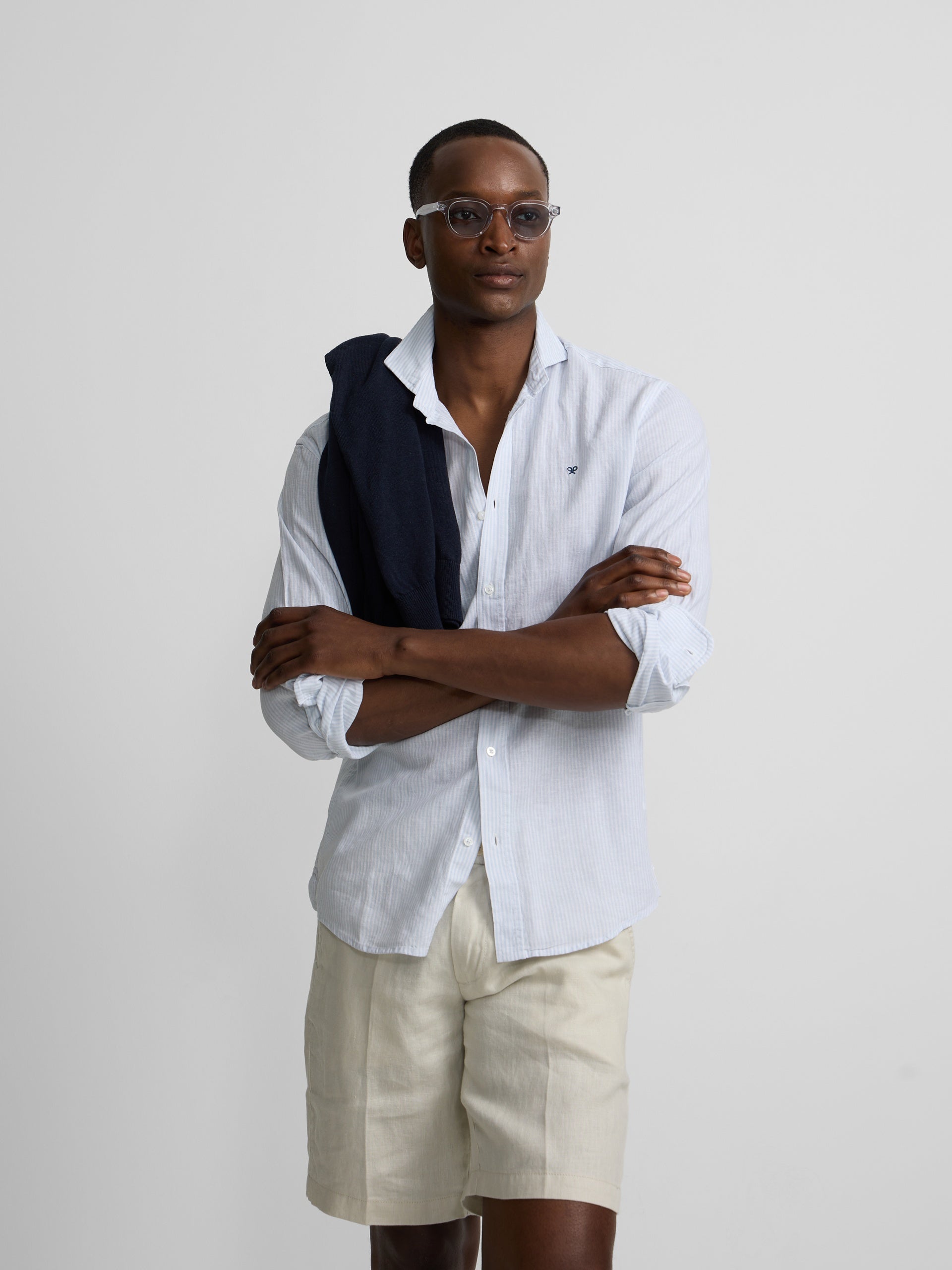 Chemise sport en lin à rayures bleu ciel