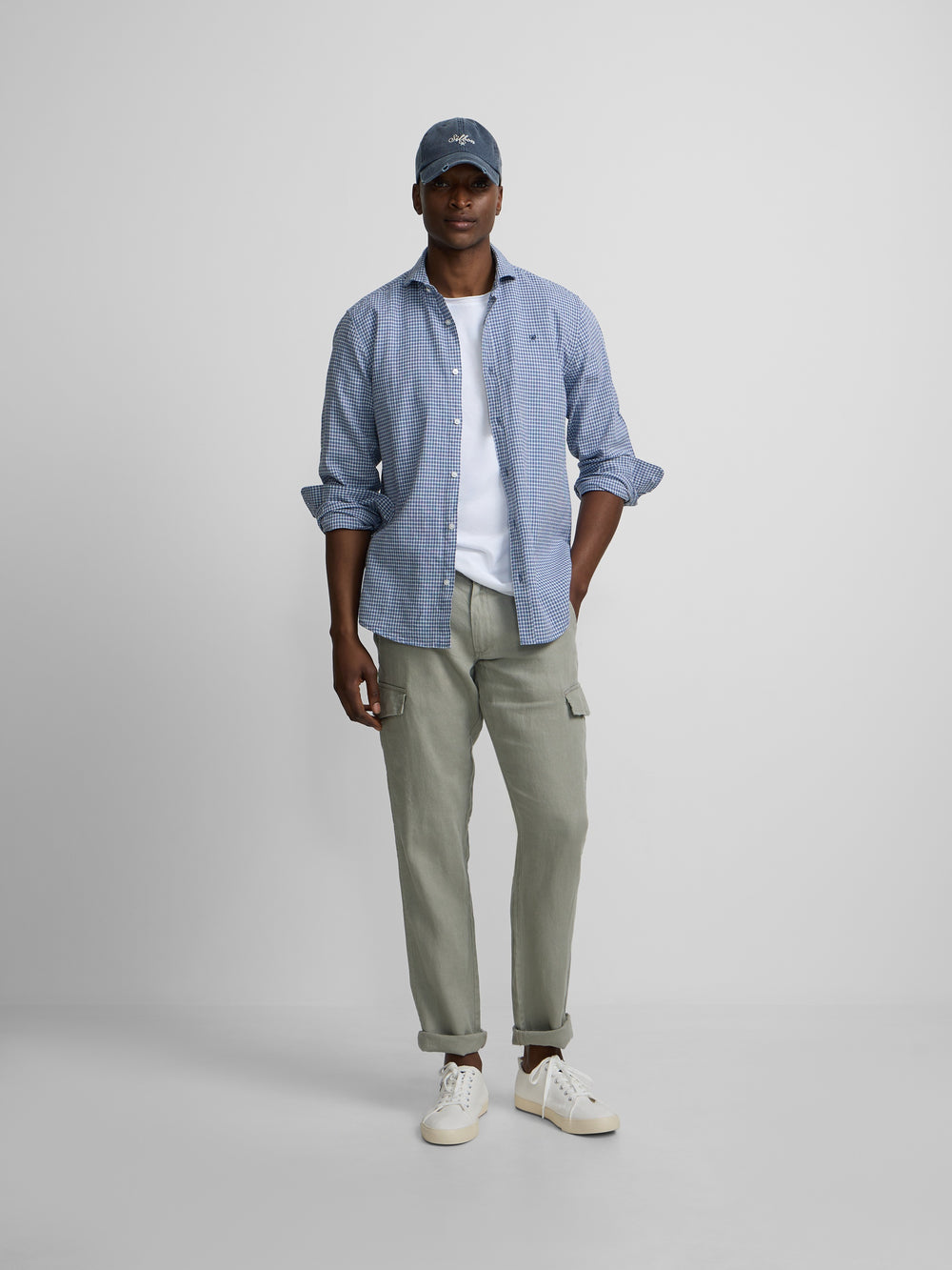 Chemise sport en lin à carreaux bleu indigo