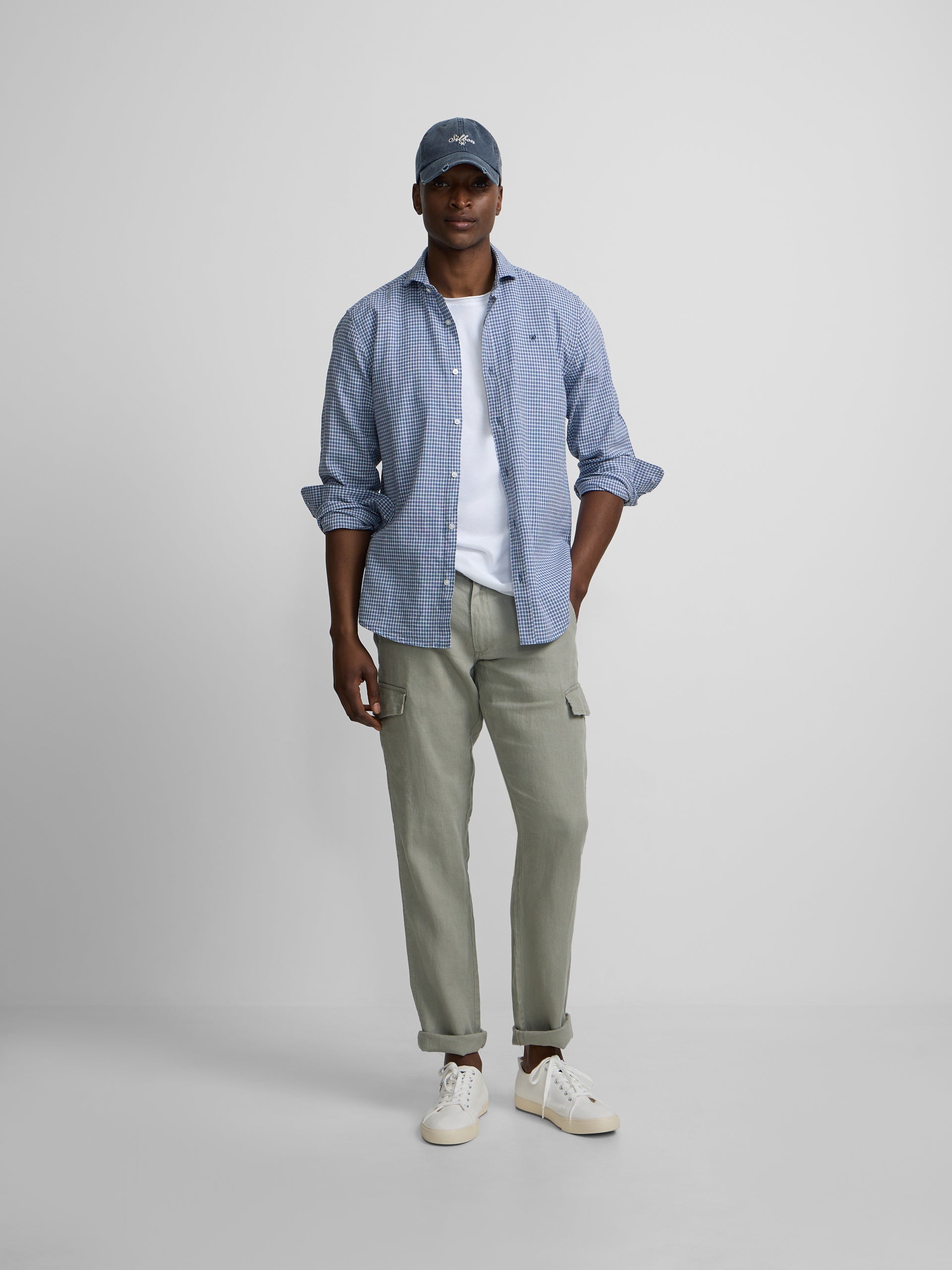 Indigo blue checked linen sport shirt