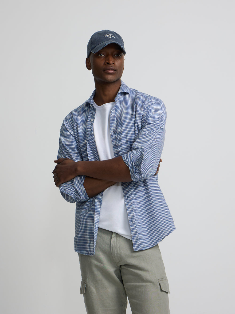 Chemise sport en lin à carreaux bleu indigo