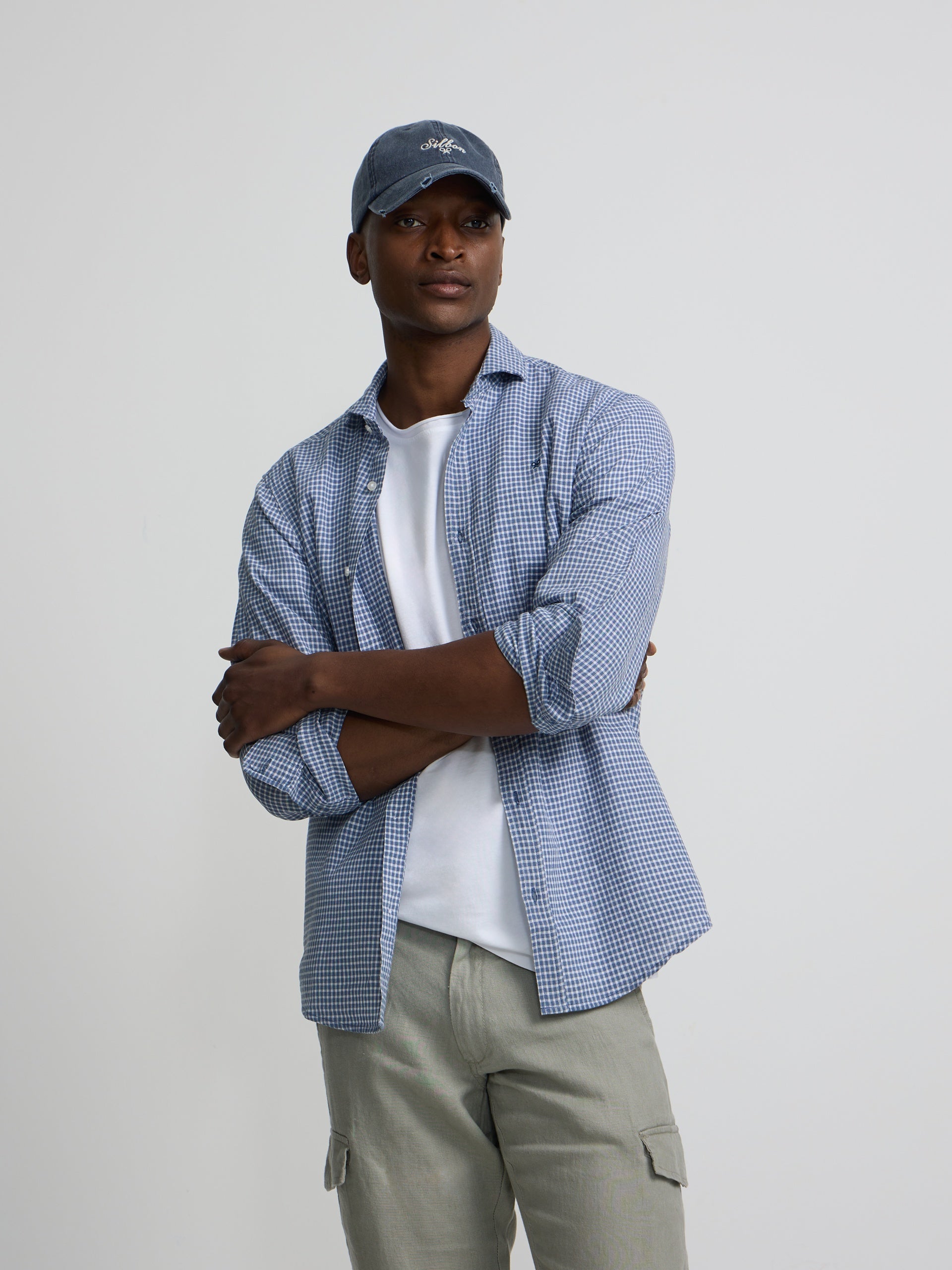 Indigo blue checked linen sport shirt