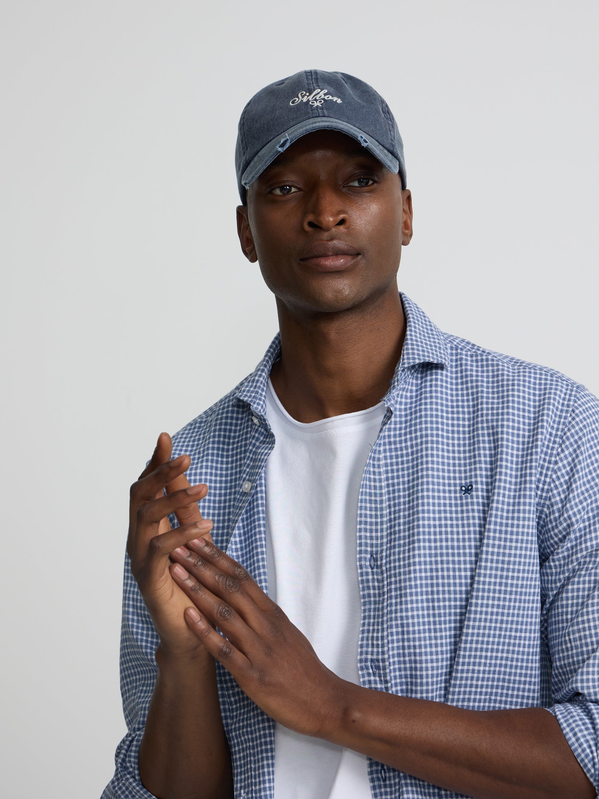 Indigo blue checked linen sport shirt