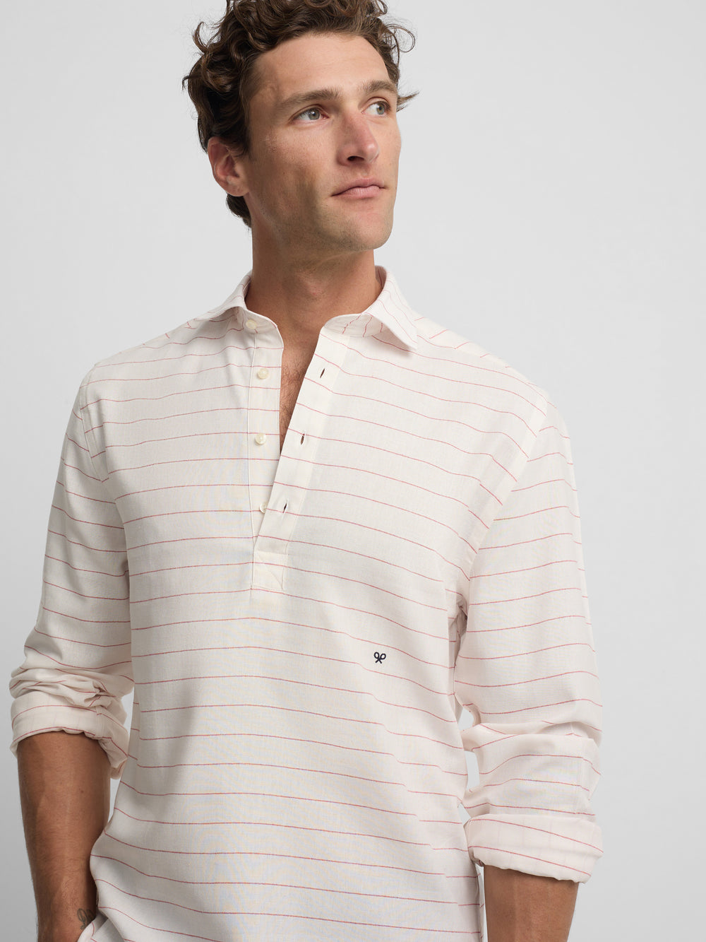 Chemise sport en lin à rayures larges corail